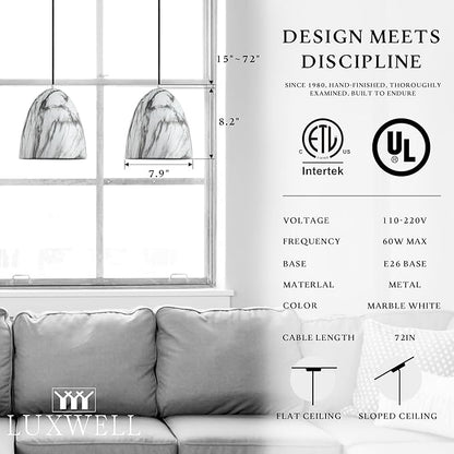 Modern Marble Pendant Light, 8.2"x7.9" Metal Hanging Light Fixture with Faux White Stone Finish, 15"-72" Adjustable Line, E26 Socket for Dining Room, Kitchen, Entryway, Bedroom – Ivory Quartz