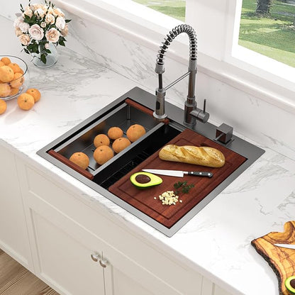 25 Black Drop Kitchen Sink - Sarlai 25 x 22 Inch Kitchen Sink Topmount Ledge Workstation Gunmetal Black Stainless Steel 16 Gauge Single Bowl Over Counter Utility Laundry Sinks Basin