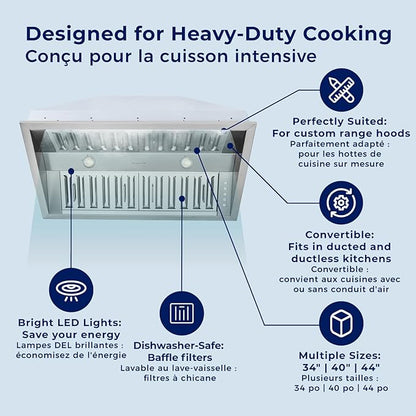 Hauslane Range Hood Insert 34 Inch - Stainless Steel Built-In Vent with 800 CFM Suction, Quiet Operation, LED Lights, 3-Speed Fan, 21" Deep, Ducted/Ductless Convertible for Insert Mount