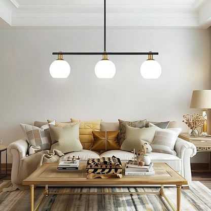 Island Lights for Kitchen Black and Gold Chandelier 3-Light Mid Century Modern Dining Room Light Fixtures Over Table with Opal Glass Shades Hanging Linear Pendant Lighting for Kitchen Island Foyer Bar