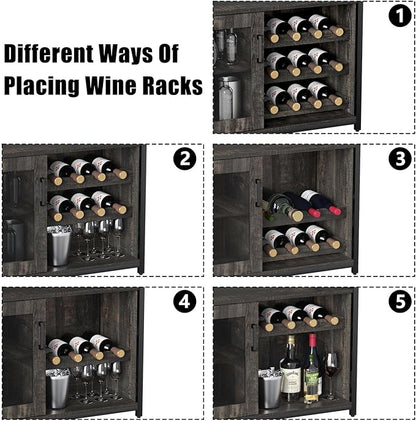 GAOMON Coffee Wine Bar Cabinet with Storage and Detachable Rack, Farmhouse Sideboard and Buffet Cabinet with Glass Holder and Mesh Door, Liquor Coffee Bar Cupboard, Dark Wood
