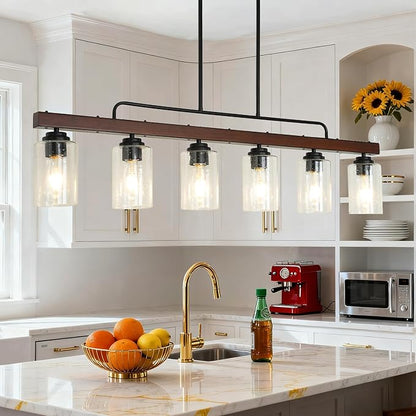 COTULIN 6-Light Farmhouse Kitchen Island Lighting, Dining Room Light Fixture, Rustic Wood Linear Chandelier Hanging, Black Pendant Light with Adjustable Rods and Seeded Glass Shades