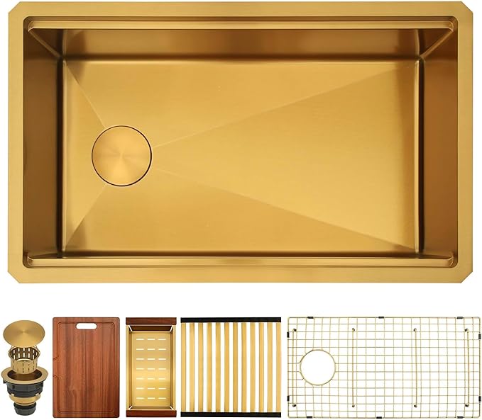 Gold Undermount Kitchen Sink 28 inch,Single Bowl Undermount Sink 16 gauge Stainless Steel,Workstation Kitchen Sinks with Gold Accessories (28" X 18")