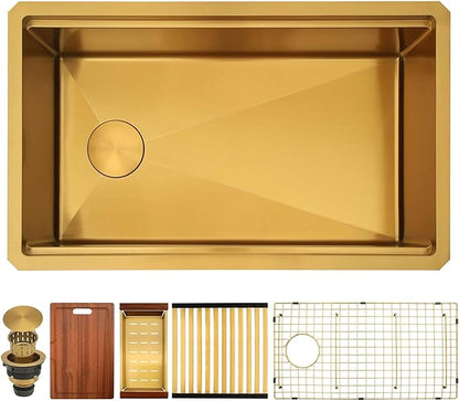 Gold Undermount Kitchen Sink 28 inch,Single Bowl Undermount Sink 16 gauge Stainless Steel,Workstation Kitchen Sinks with Gold Accessories (28" X 18")