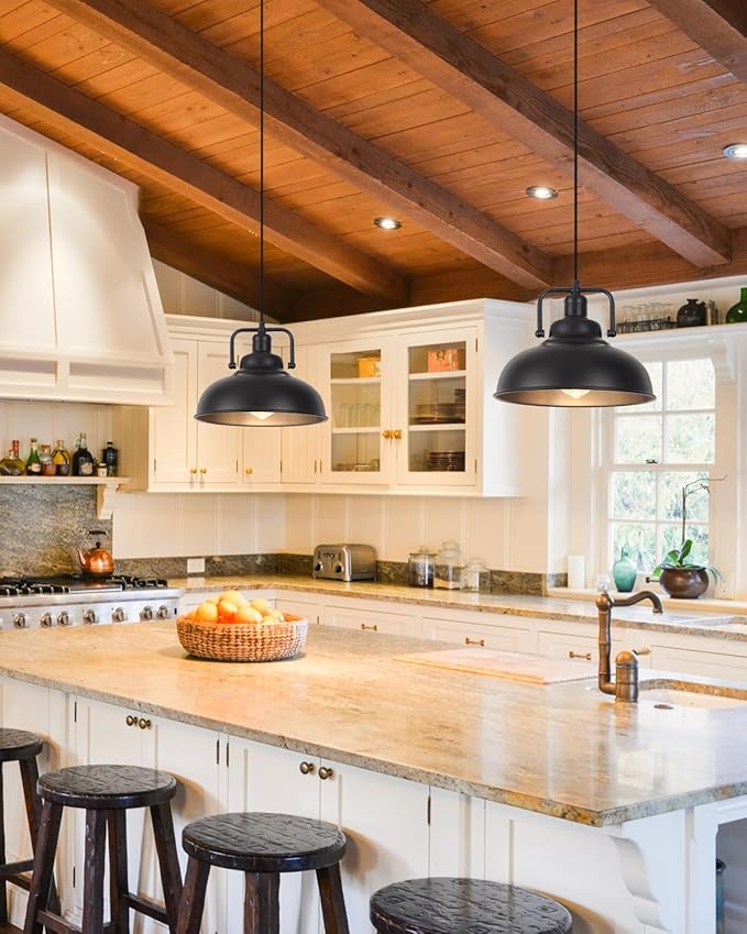 Black Farmhouse Pendant Light 2pack, 11.4in Vintage Kitchen Pendant Light Fixture, Adjustable Height, Modern Pendant Lighting, Metal Pendant Lights for Kitchen Island, Dining Room E26 Base