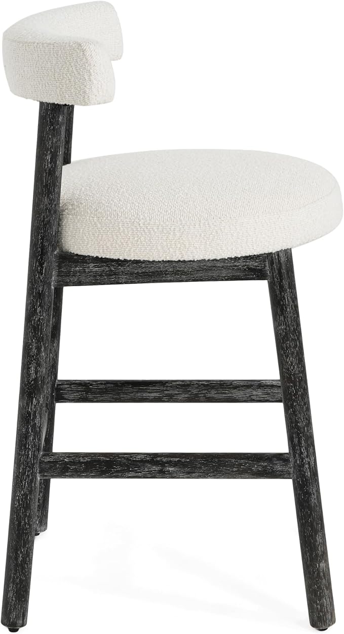 Christopher Knight Home Annes Counter Height Bar Stools Set of 2, Boucle Fabric Round Bar Stool for Kitchen Island, Wooden Dining Room Chair, Counter Stool with Footrest, Black+Milky White
