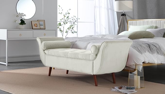 Modern Ottoman Bench with Storage, Upholstered Footstool for Bedroom Living Room Hallway, Bedside Pouf Toy Storage Ottoman Footrest, Versatile Storage Chest Bench Seat,Beige-Velvet