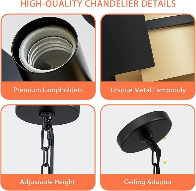 Modern Chandelier 26" Industrial Light Fixture Black and Gold 5-Light Large Drum Pendant Lighting for Dining Room Kitchen Island Office Living Room