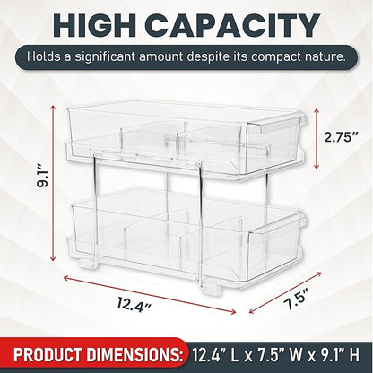 Masirs 2-Tier Clear Pull-Out Drawer Organizer - Sleek, Compact & Sturdy Makeup and Closet Organizer - Easy Assembly Kitchen Storage Solution, Ideal for Makeup, Tools, Medicines & Snacks