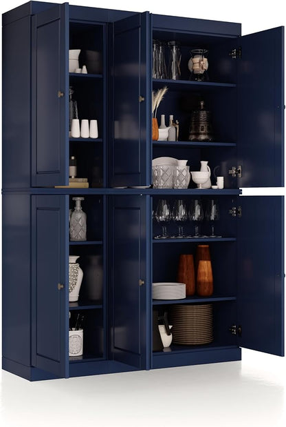 Palace Imports Solid Wood Kitchen Pantry Cabinet - 71.5" Tall, 48.5" Wide - Freestanding Storage Cupboard with Adjustable Shelves - Navy Blue, Renewable Eco-Friendly 100% Wood, Made in Brazil