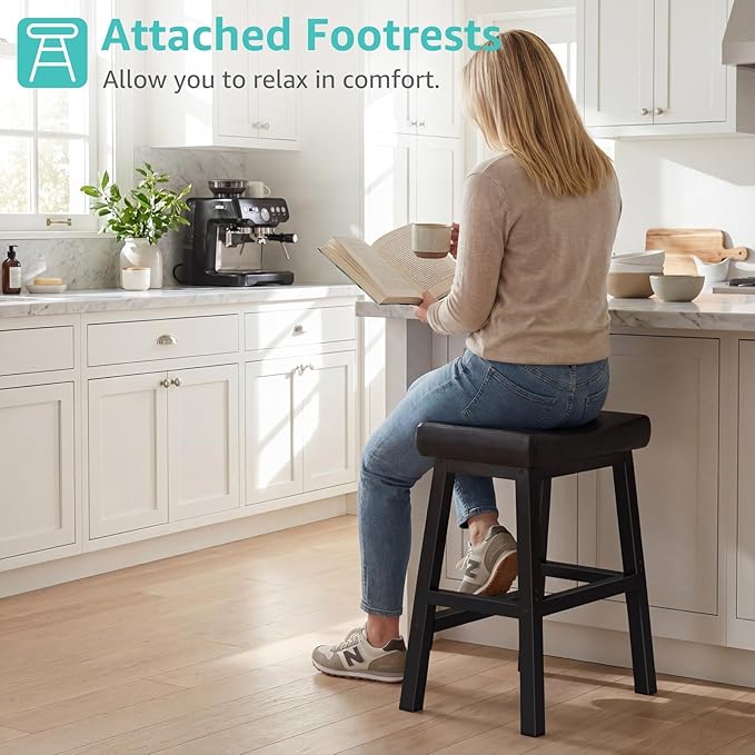 WINAZ Modern Backless Bar Stools Set of 2, 24 Inch Counter Height Stools with Footrest, Matte Finish Metal Legs, Padded Faux Leather Kitchen Island Chairs, Space Saving Stationary Design, Black