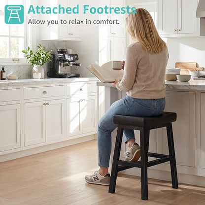 WINAZ Modern Backless Bar Stools Set of 2, 24 Inch Counter Height Stools with Footrest, Matte Finish Metal Legs, Padded Faux Leather Kitchen Island Chairs, Space Saving Stationary Design, Black