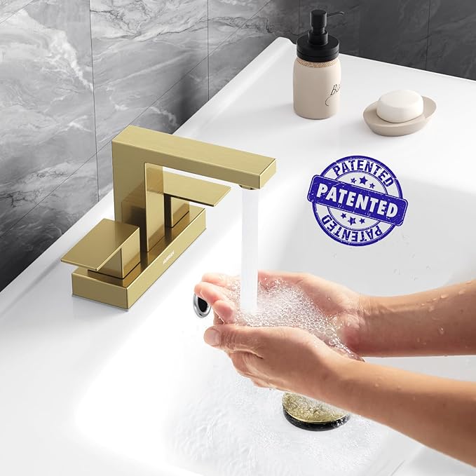 Bathroom Sink Faucet, Hurran 4 inch Brushed Gold Bathroom Faucets for Sink 3 Hole with Pop-up Drain and Supply Lines, Stainless Steel 2-Handle Faucet for Vanity RV Restroom