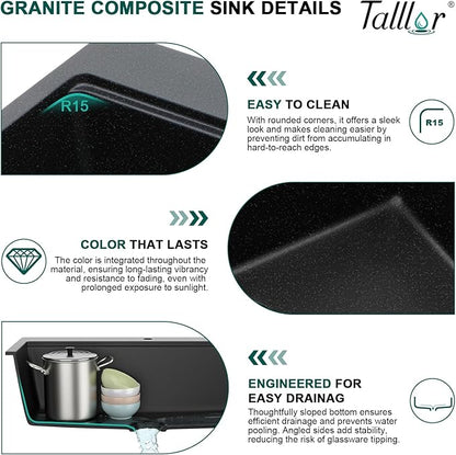 33 Inch Granite Composite Kitchen Sink - 33"x22" Black Drop In Kitchen Sink Ledge Workstation All-In One Matte Black Classic Quartz Topmount Single Bowl Sinks with New-Accessories #TLGT-119