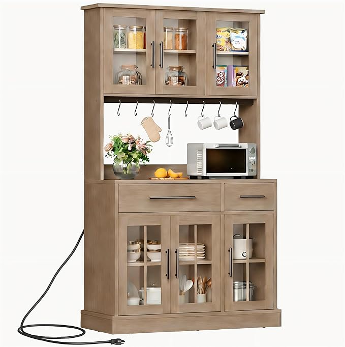 DWVO 71'' Tall Kitchen Pantry Storage Cabinet with Charge Station, Farmhouse Glass Display Food Pantry Hutch with Microwave Stand & Hooks & Drawers & Shelves for Home Living Dining Room, Lvory Grey