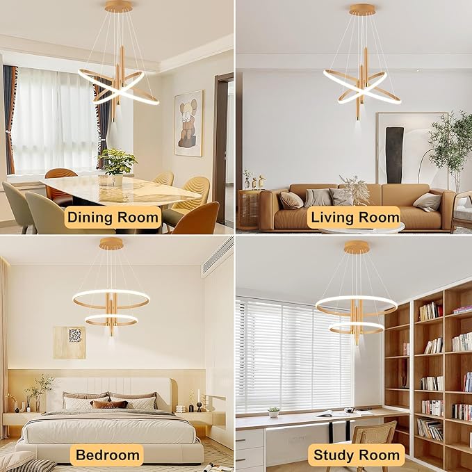 ORANOOR LED Gold Modern Chandeliers for Dining Room Bedrooms Living Room, Dimmable 24in 5250lm Kitchen Pendant Lamp Dining Room Light Fixtures Ceiling Hanging Over Table, 2 Ring Round Chandeliers