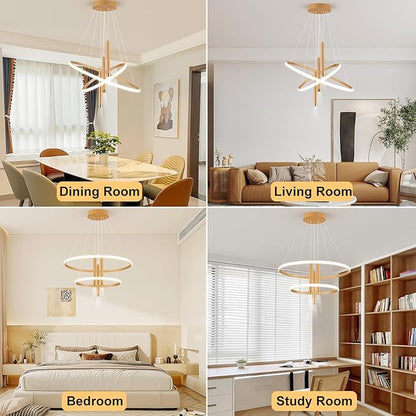ORANOOR LED Gold Modern Chandeliers for Dining Room Bedrooms Living Room, Dimmable 24in 5250lm Kitchen Pendant Lamp Dining Room Light Fixtures Ceiling Hanging Over Table, 2 Ring Round Chandeliers