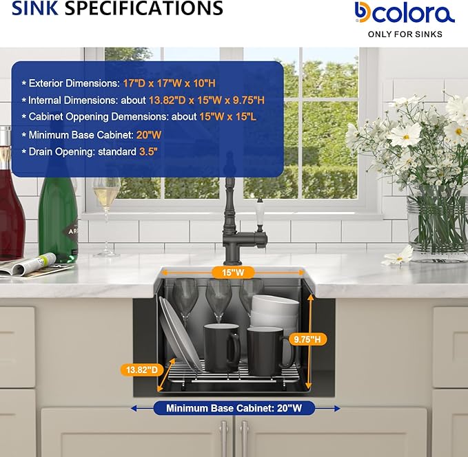 Dcolora 17 In. Black Undermount Bar Sink Single Bowl Workstation, 16 Gauge Stainless Steel Prep Sink Under Counter, 17" x 17" x 10", DC-U1717