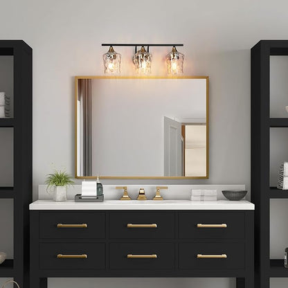 KSANA Black and Brass Vanity Light, Modern Black Gold Bathroom Light Fixtures with Water Textured Glass Shade, 3-Light Bathroom Lighting Over Mirror