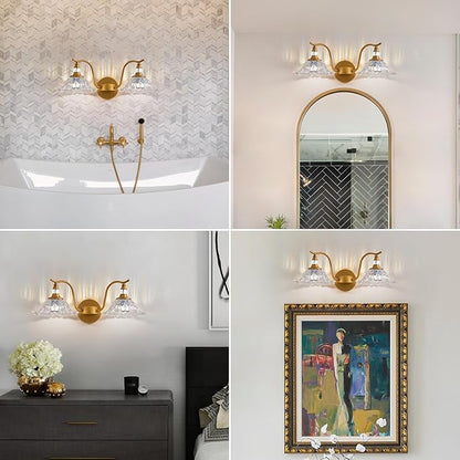 Vintage Bathroom Vanity Light Fixtures - 2 Light Iridescent Flower Glass Antique Brass Bathroom Lights Fixture Over Mirror,Retro Brushed Gold Bronze Wall-Mounted Vanity Lighting for Powder Room