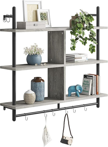 Bestier 41" Floating Kitchen Shelves Wall Mounted 3 Tier Coffee Bar Mug Shelf Hanging with 8 Hooks Display Plant Pipe Shelving for Living Room Kitchen Bathroom Balcony, Retro Grey