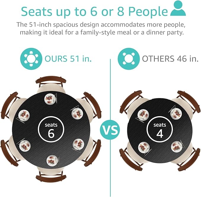 Black Round Dining Table for 6 - Modern Circle 51 Inch Large Room Kitchen Dinning Tables for 4 to 6 Person Seats Small Spaces Wood Dinner Mesa De Comedor Redonda