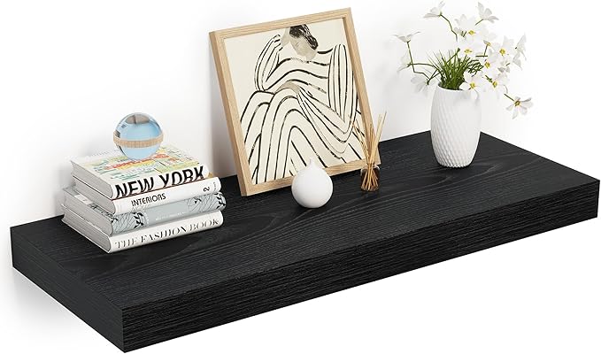 Heimlove 24 x 12 Inch Deep Floating Shelves Wall Mounted with Invisible Brackets,Storage Hanging Shelf for Wall Decor in Bathroom, Bedroom, Toilet, Kitchen, Living Room, Office Set of 1 (Black)