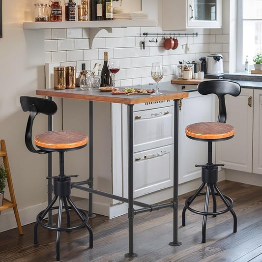 LOKKHAN Industrial Rustic 3-Piece Bar Set - Wood Tabletop and Seat with One Bar Table and Two Stools - Ideal for Kitchen Island and Home Café