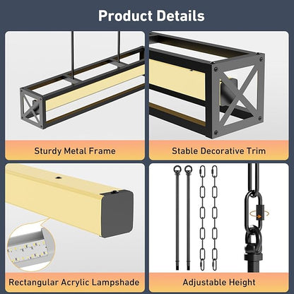 31.5" Farmhouse Kitchen Island Lighting, Black Rectangular Chandeliers for Dining Room Light Fixture, 30W LED Dimmable Linear Pendant Light for Kitchen Island Over Table with Remote
