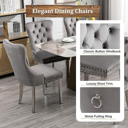 Goujxcy 5-Piece Extendable Dining Table Set for 4-8 People 63-78 Inch Kitchen Table Set with 4 Grey Upholstered Chairs Modern White Faux Marble Rectangular Dining Room Table Set for Kitchen Apartment