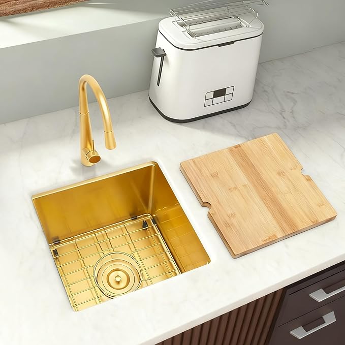Gold Bar Sink Undermount,Small Bar & Prep Sinks,16 gauge Stainless Steel Bar Sink with Workstation for Wet Bar Area (17" X 19")