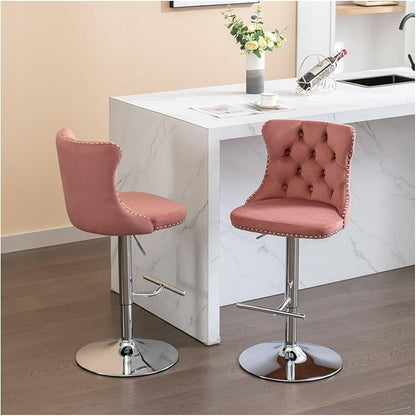 Swivel Velvet Barstools Adjusatble Seat Height from 25-33 Inch, Modern Upholstered Chrome Base Bar Stools with Backs Comfortable Tufted for Home Pub and Kitchen Island（Pink,Set of 2）