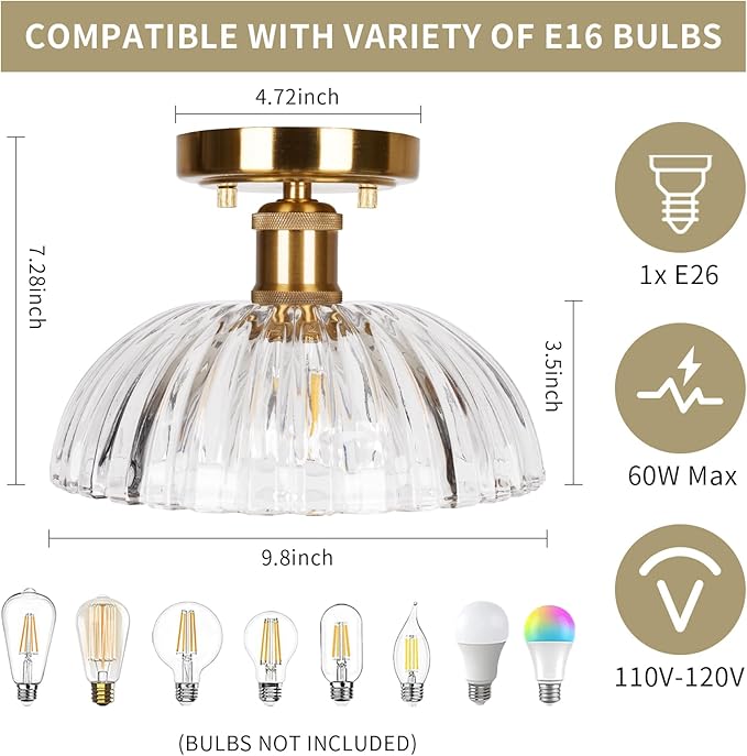 JYZ Semi Flush Mount Ceiling Light, Gold Ceiling Light Fixture with Brass & Ribbed Glass Shade, Vintage Light fixtures for Hallway, Entryway, Bathroom, Kitchen, Bedroom