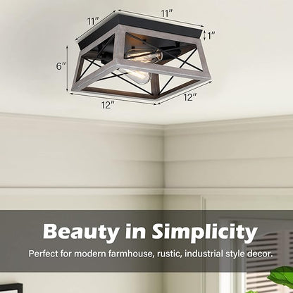 Pia Ricco Flush Mount Ceiling Light Fixture, Industrial Outdoor Ceiling Light for Front Porch, Rustic Farmhouse Style, Modern Square Light for Entry, Hallway, Kitchen, Grey