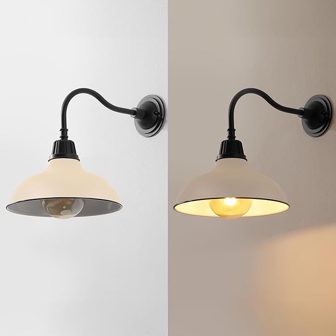 JONATHAN Y 12.25" Matte Almond/Black 1-Light Farmhouse Industrial Outdoor Sconce, LED Gooseneck Wall Light for Porch, Metal Bowl Shade, Dimmable Vintage Exterior Fixture, LED Bulb Included (JYL7613M)