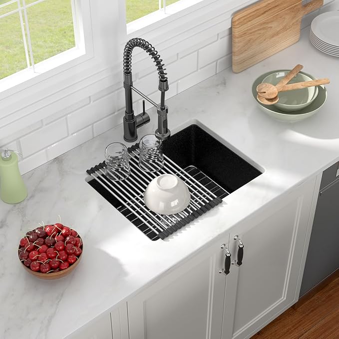 Black Undermount Kitchen Sink 22"x17" Granite Composite Bar Sink Black Small Granite Sink Undermount Quartz Modern Under Counter Ledge Single Bowl Kitchen Sinks Basin Deep Sink,LOF-Q456V