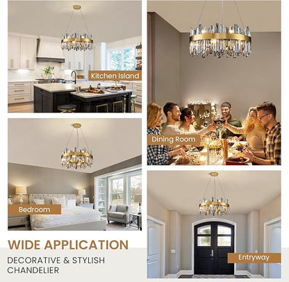 Siljoy Modern Crystal Chandeliers, 12 Lights Brass Gold Raindrop Crystal Chandelier, Adjustable Dimmable Crystal Pendant Light Fixture for Dining Room Living Room Kitchen Island D23.6''