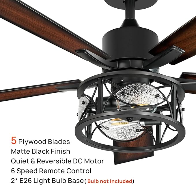 Consciot Ceiling Fan With Lights, 52 Inch Farmhouse Indoor Ceiling Fan With Remote, Quiet Reversible DC Motor, 5 Double Finish Wood Blades, Easy Dual Mount, Support Dimmable 2*E26 Bulbs(not included)