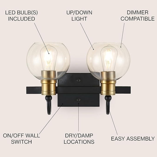 JONATHAN Y 14.5" Black/Brass Gold Vintage Wall Sconce, LED Vanity Light for Bathroom Bedroom Entryway, Clear Glass Globe Shade, Modern Industrial Arched Lamp, LED Bulb Included (JYL3527A)
