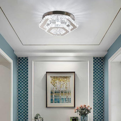 CXGLEAMING Modern Crystal Chandelier LED Flush Mount Ceiling Light Hexagonal Pendant Lamp Fixture 3 Color Changing Ceiling Light for Bedroom Hallway Bar Living Room Bathroom