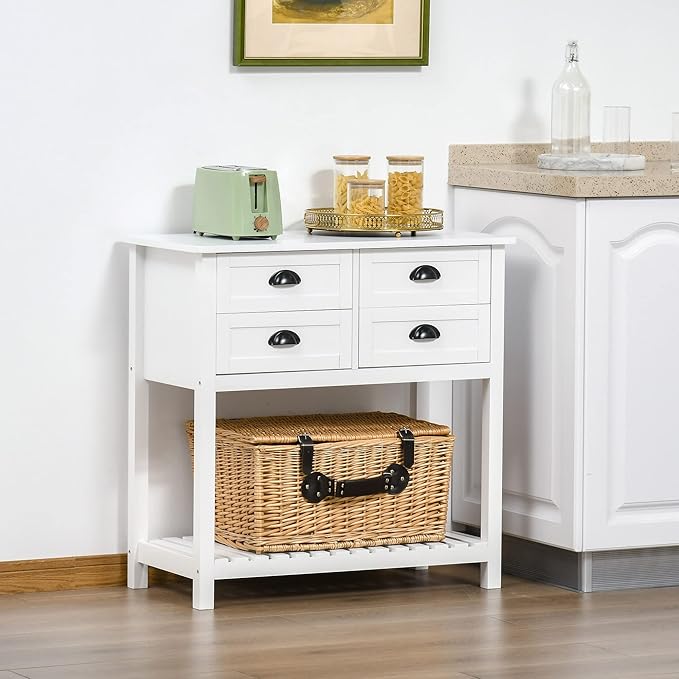 HOMCOM Sideboard Buffet Cabinet with Storage, Modern Coffee Bar Cabinet with 4 Drawers and Slatted Bottom Shelf, Console Table for Kitchen, Living Room, Dining Room, Hallway, White