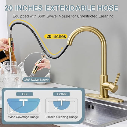 Gold Kitchen Faucets with Pull Down Sprayer, Single Handle High Arc Modern Stainless Steel Sink Faucet with Deck Plate, 1 or 3 Hole Deck Mount for RV, Bar, Farmhouse, Laundry, Outdoor
