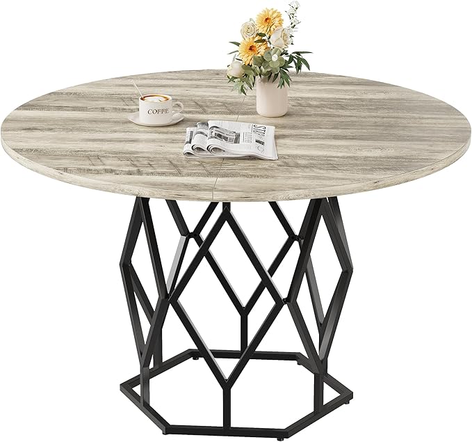 GarveeHome 47-inch Round Dining Table for 4-6 People, Farmhouse Kitchen Table with Diamond Metal Base, Industrial Wood Circle Dinner Table for Dining Room, Kitchen, Living Room, Grey
