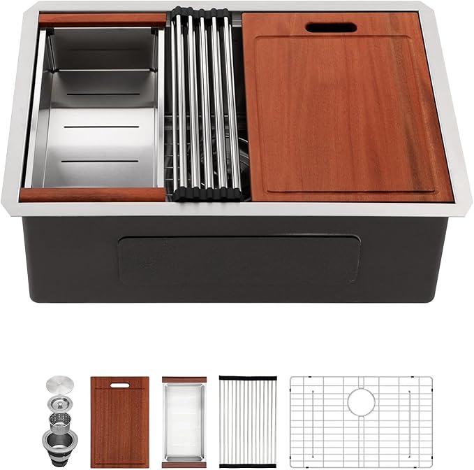 Sarlai 26 Undermount Kitchen Sink - 26" x 19" Undermount Kitchen Sinks Workstation Stainless Steel 16 Gauge Single Bowl Under Counter Kitchen Sink Basin With Round Corner Thickened Plate