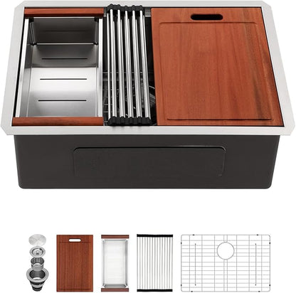 Sarlai 26 Undermount Kitchen Sink - 26" x 19" Undermount Kitchen Sinks Workstation Stainless Steel 16 Gauge Single Bowl Under Counter Kitchen Sink Basin With Round Corner Thickened Plate