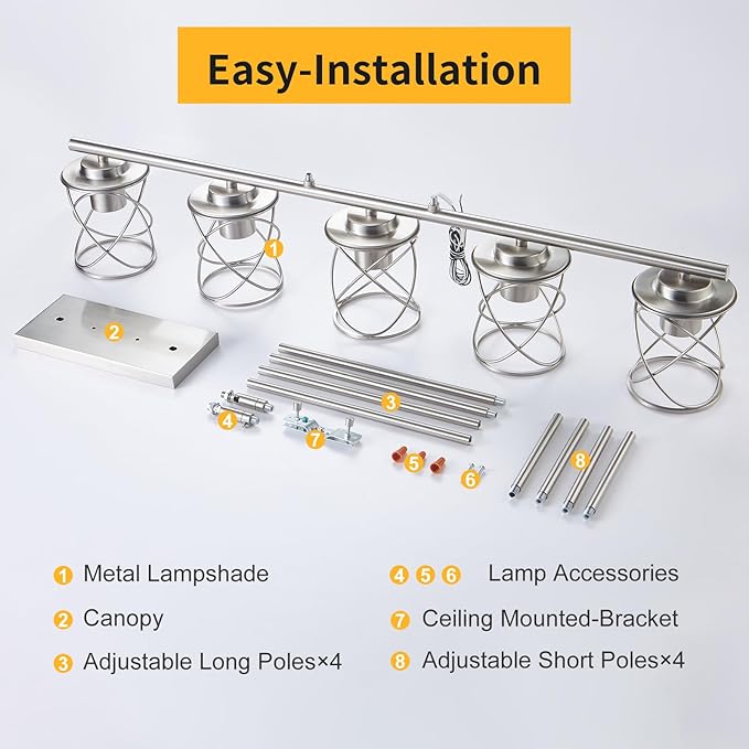 mavcadonf Kitchen Island Light, 5-Light Dining Room Lighting Fixtures Hanging, Farmhouse Linear Pendant Light for Kitchen Island Table Living Room with Adjustable Rods, Brushed Nickel