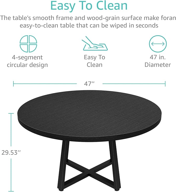 NUTIKAS 47 Inch Round Dining Table for 4, Modern Black Wood Grain Kitchen Table with Cross Metal Legs, Circular Industrial Dinner Table for Small Spaces, Breakfast Nook, Apartment, Office