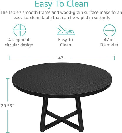 NUTIKAS 47 Inch Round Dining Table for 4, Modern Black Wood Grain Kitchen Table with Cross Metal Legs, Circular Industrial Dinner Table for Small Spaces, Breakfast Nook, Apartment, Office