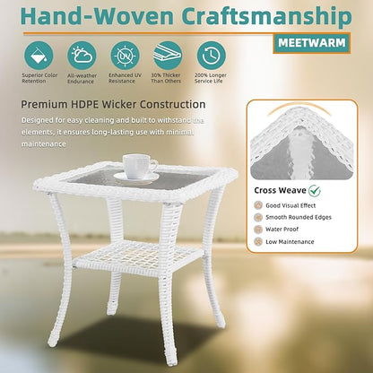 MEETWARM Wicker Outdoor Side Table, All-Weather Patio Rattan Side Table with Tempered Glass Top and Storage Shelf, Small Patio End Table for Outside Indoor Outdoor Balcony Porch Deck, White
