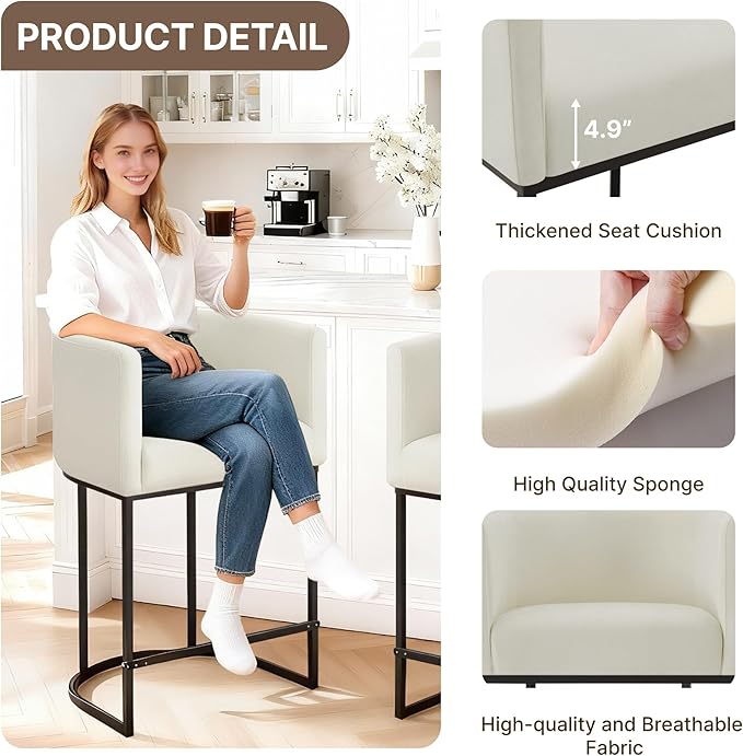 24" Counter Height Bar Stools Set of 4, Modern Barrel Counter Stools with Backrest and Arms, Fabric Upholstered Accent Barstools with Metal Legs for Kitchen Island,Ivory